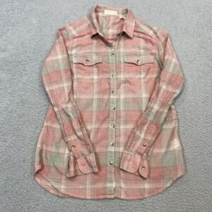 Toad & Co Shirt Women's Small Button Red Plaid Sheer Cotton Round Hem Western